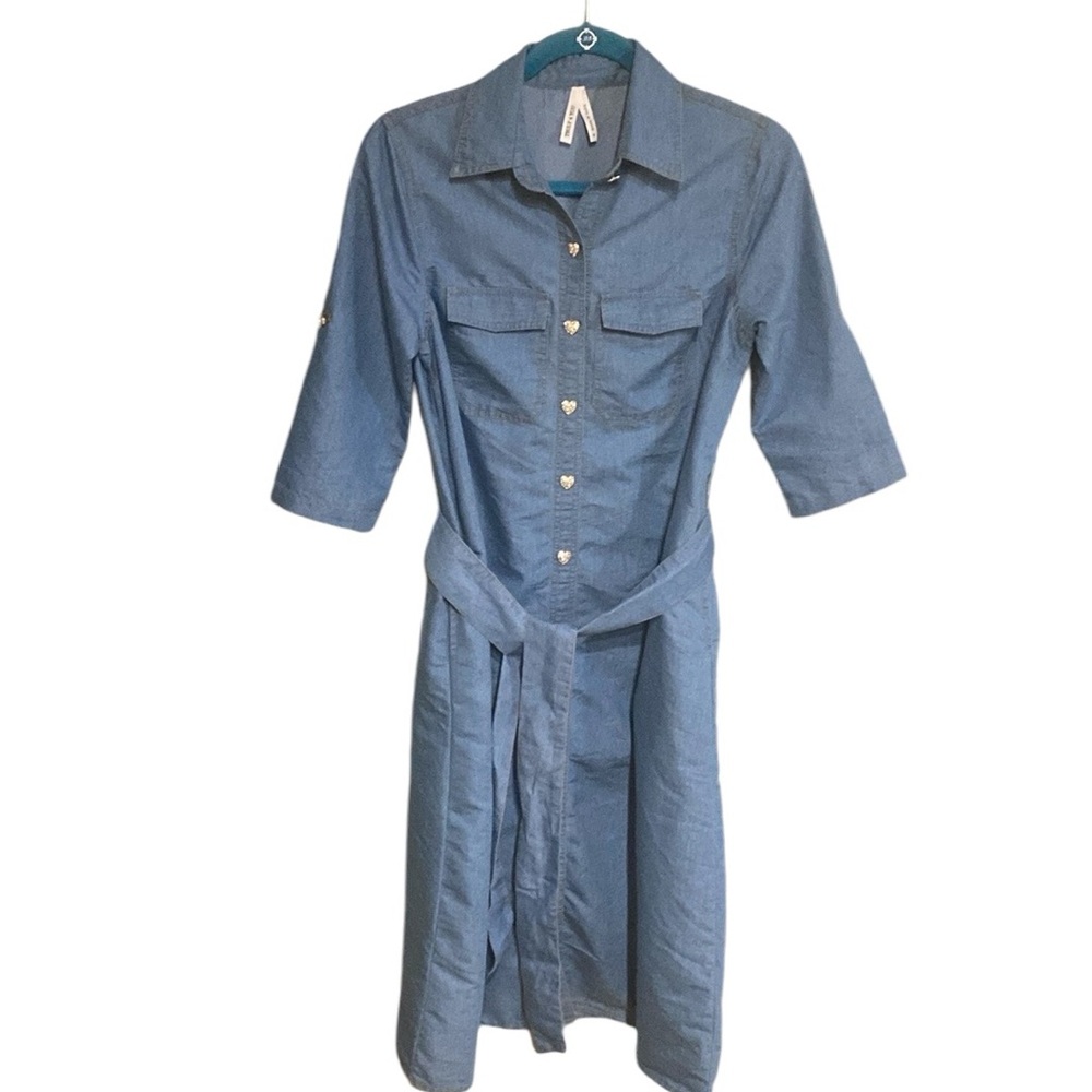 Truly 4 You Denim Colored Shirt Dress W/ Tie,  Sparkly Heart Buttons, Small